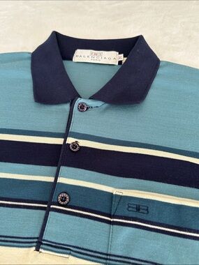 Balenciaga Men’s Striped Polo in Teal, Navy and Cream. Size Medium